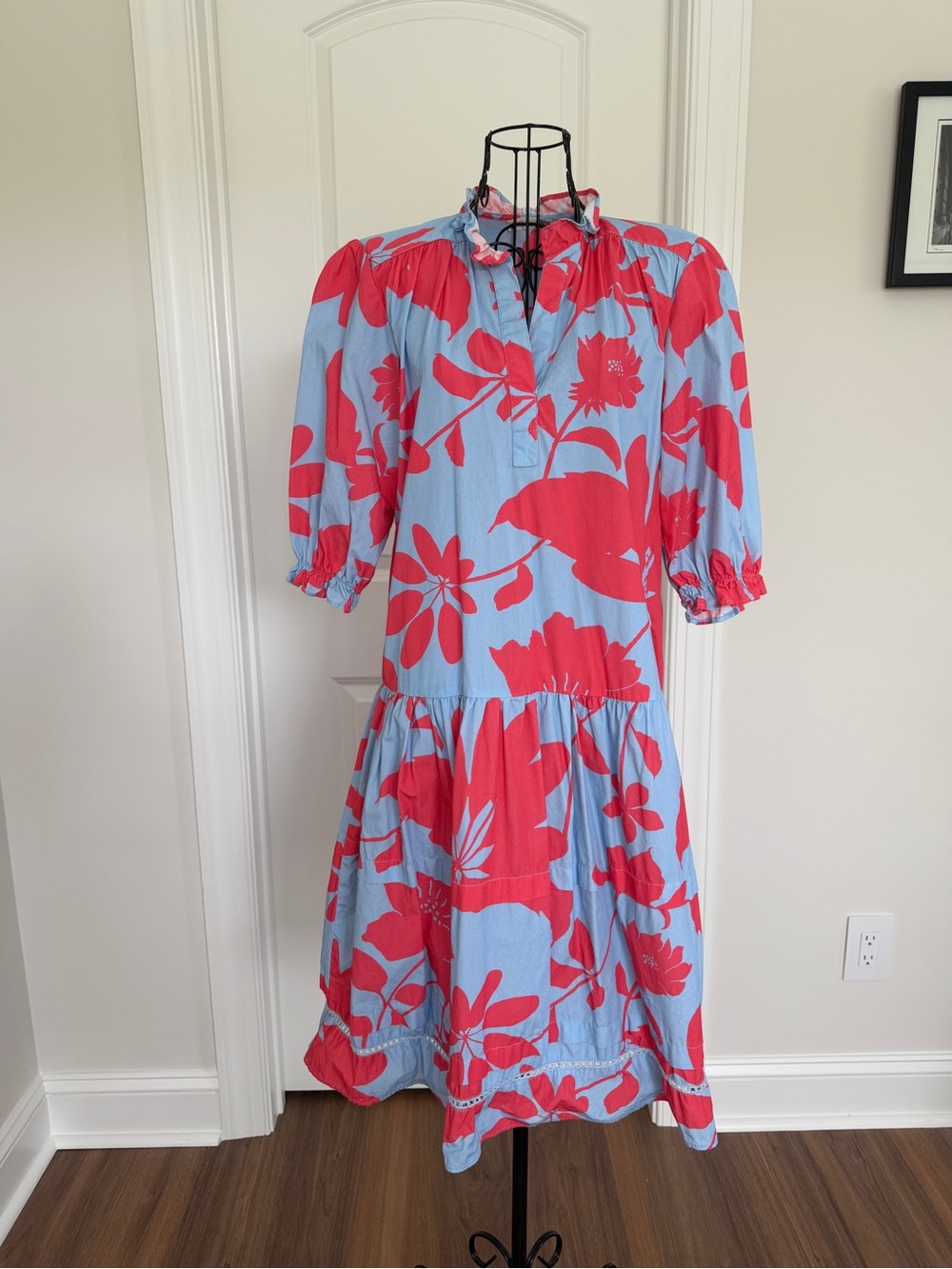 Blue Midi Dress with Coral Floral Print and Ruffle Neck